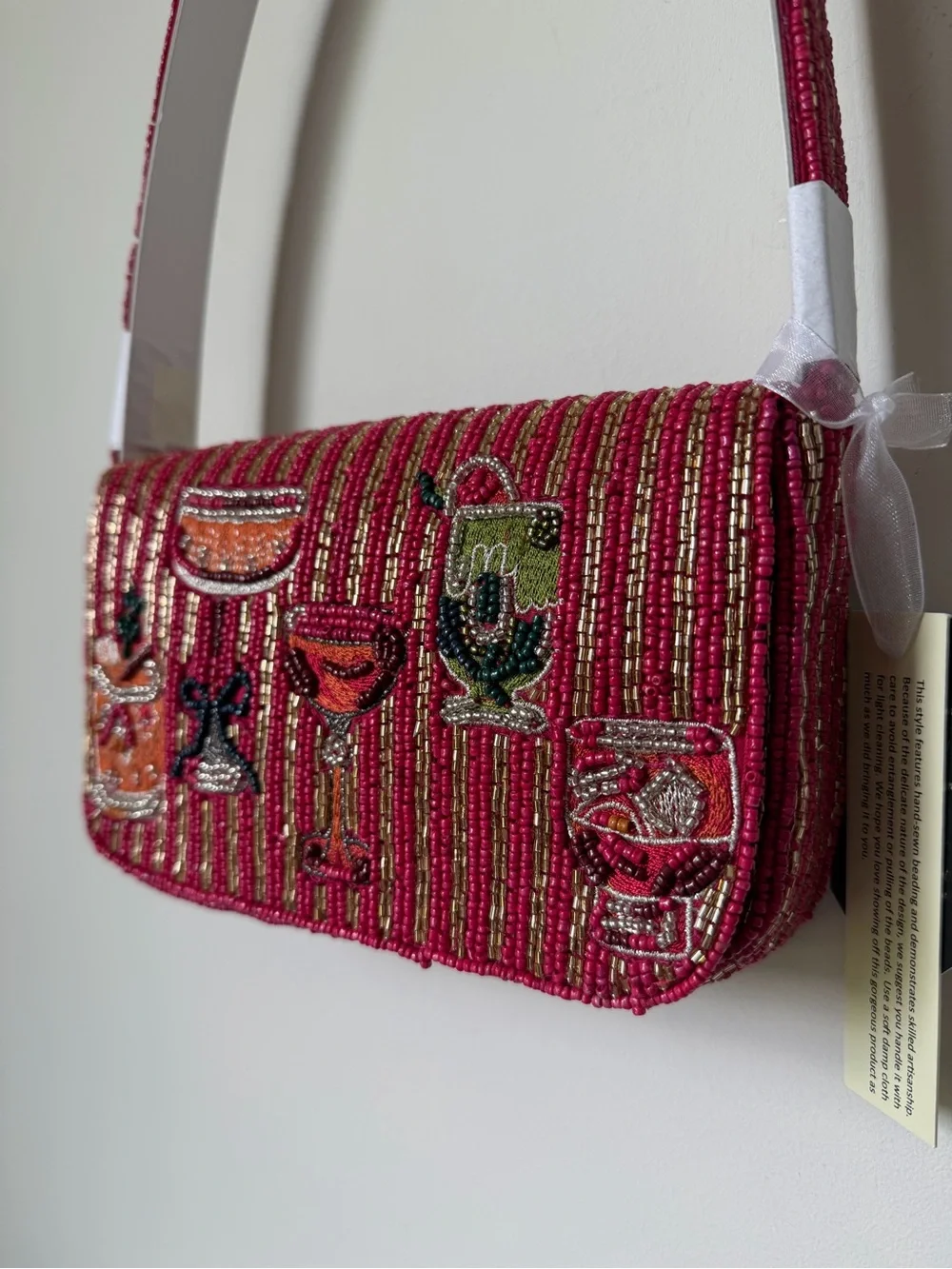 Beaded cocktail drinks Pink gold striped Shoulder Bag